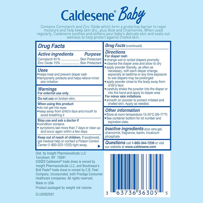 Caldesene Baby Cornstarch Powder with Zinc Oxide, 5 oz (Pack of 2)