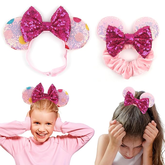 bianbaistar Newborn Bows for Girls Toddler Hair Bows Multicoloured Dot Elastic Adjustable Headband Mouse Ears Scrunchies Essencial Accessories for Trip Headwear for Women (Pinkbow)