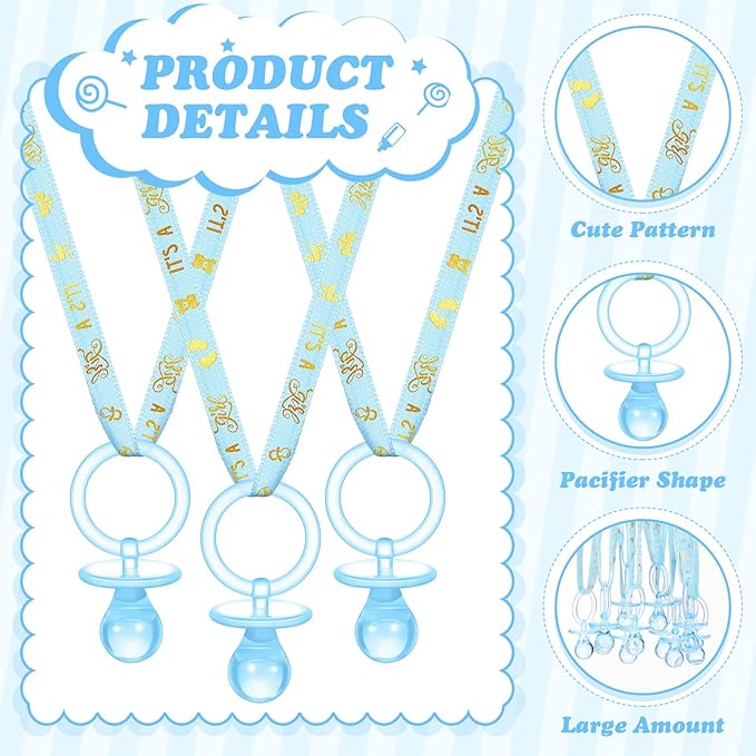 Junkin 60 Pieces Baby Shower Pacifiers Necklace Acrylic Pacifiers Necklace Charm for Girls Boys Baby Shower Party Favors Decorations, Boy Style(Blue, Gold)