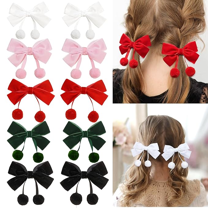 Velvet Bows Clips for Baby Girls, 20pcs 3.7inches Boutique Baby Hair Clips, Tassel Ball Hair Barrettes Alligators for Infants Toddlers Fine Hair