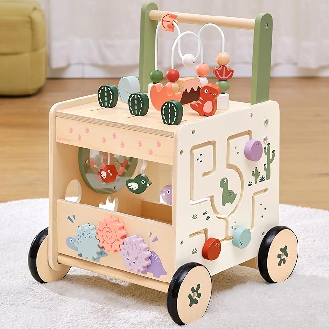 Wooden Baby Push Walker, 6-in-1 Montessori Activity Center for Toddlers, Adjustable Speed Dinosaur Walker with Brake & Shape Sorter, Natural Solid Wood Learning Toy for Boys Girls 12M+