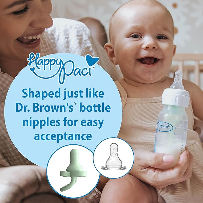 Dr. Brown's HappyPaci 100% Silicone Baby Pacifier, Contoured One-Piece Design, Gray/Green/Ecru, 0-6m, BPA-Free, 3 Count (Pack of 2)
