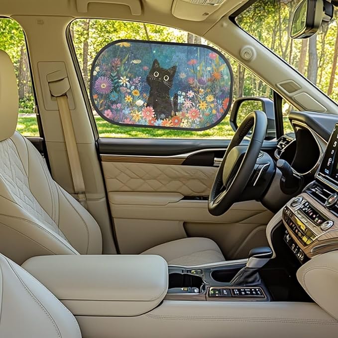 Bulopur Floral Black Cat Window Shades for Car 2 Pack Side Windshield Sun Shade UV Protection Breathable Car Sunshade Side Window Universal Auto Interior Accessories