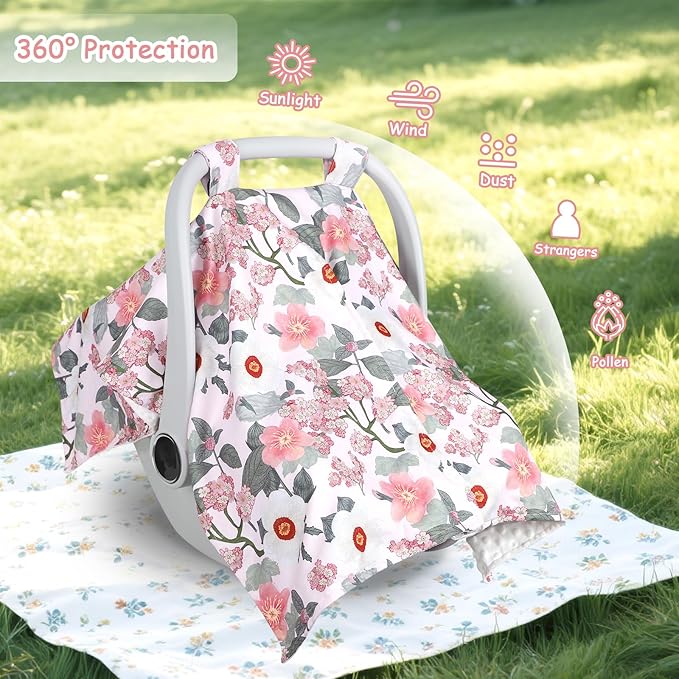 TANOFAR Baby Carseat Canopy, Peekaboo Opening Car Seat Canopy for Babies, Soft and Breathable Infant Carrier Canopy, Multi-use Baby Carrier, Stroller, Nursing Cover, Minky Blanket, Retro Flower