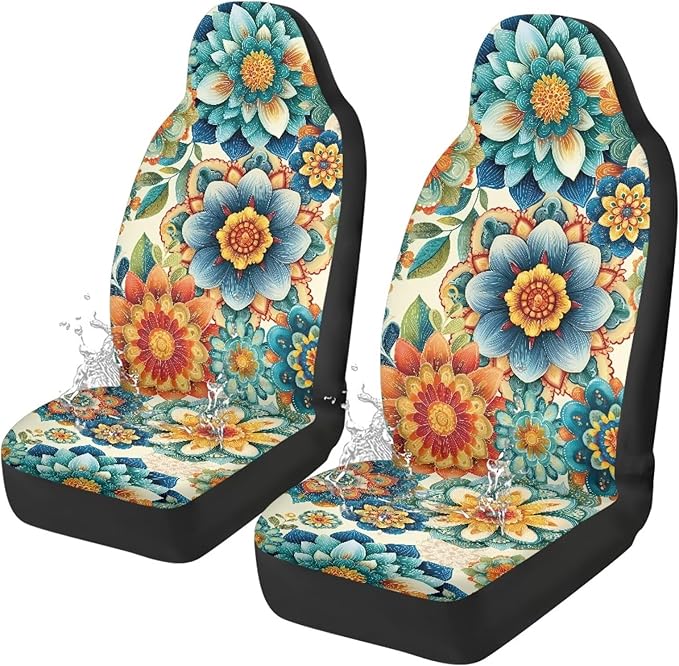 Hippie Flower Car Seat Covers 2 Pcs, Waterproof Universal Front Seat Protector, Easy to Install Automobile Interior Decorate Accessories Universal Fit for Car SUV Trucks