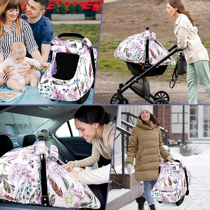 Car Seat Cover Baby, HNHUAMING Infant Car Seat Covers Canopy for Baby Girl Boy, Ultra Soft Newborn Preemie Carseat Insert Cushion for Girls Boys, Fits Car Seat, Stroller, Swing, Bouncer, Purple