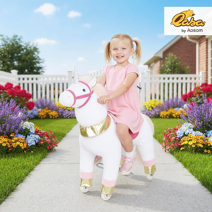 Qaba Ride on Horse for Kids 3-5 Years, 29.5 Inch Height Plush Riding Unicorn, Walking Horse Animal with Rolling Wheels for Active Play, No Batteries Required, White