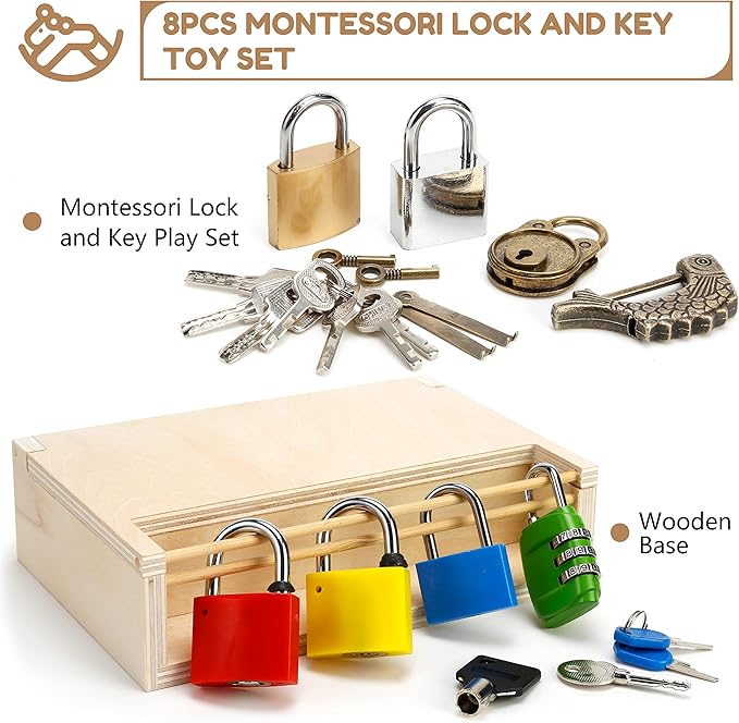 Woodtoe 8 PCS Montessori Lock and Key Toy, Montessori Toys for Toddlers 3 4 5 Year Old, Kids Tool Set, Montessori Materials Preschool Learning Toy, Fine Motor Skill, Educational Toys for Boy Girl 3-6