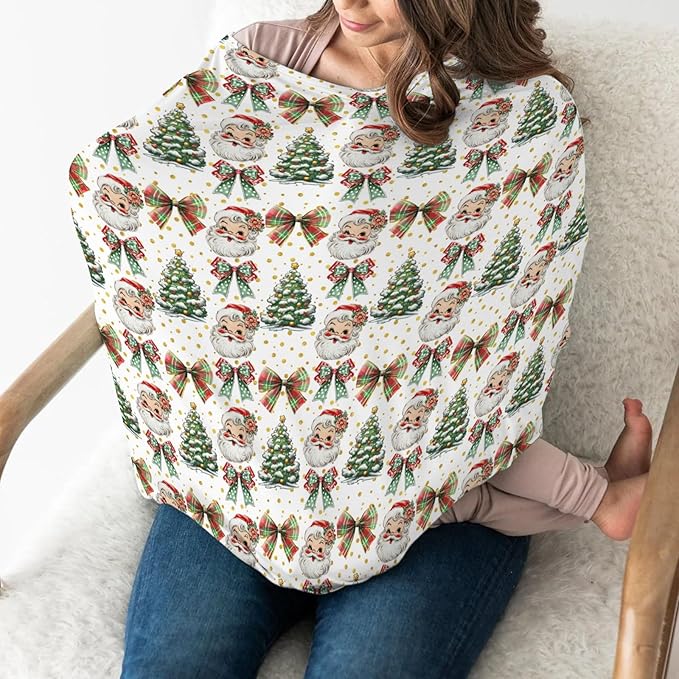 Christmas Santa Trees Car Seats Cover for Babies Santa Claus Red Green Bows Stretchy 5-in-1 Cover Adjustable Car Canopy Cover Winter Holiday Breathable Nursing Cover-Up