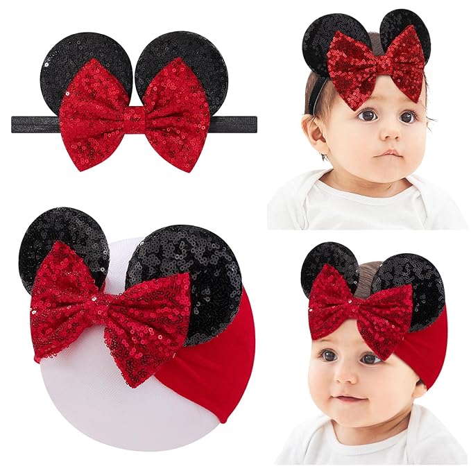 choicbaby Baby Girl Headbands Mouse Ears Headwrap with Sequin Polka Dot Bow Soft Stretchy Nylon Hair Bands for Newborn Infant Baby Toddler Girls- Pack of 2