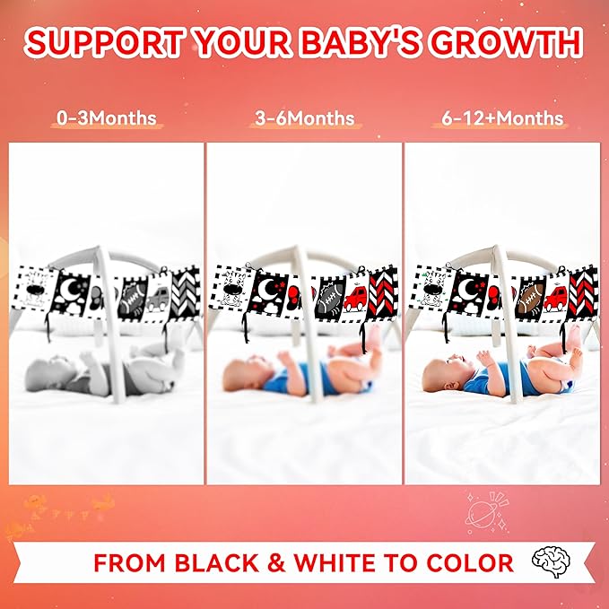 Yeeeasy Tummy Time Baby Toys for Newborn 0-6 Months, Double-Sided High Contrast Black and White Baby Book with Mirror, Montessori Sensory Crinkle Soft Toys for Infant Brain Development 0-12 Months