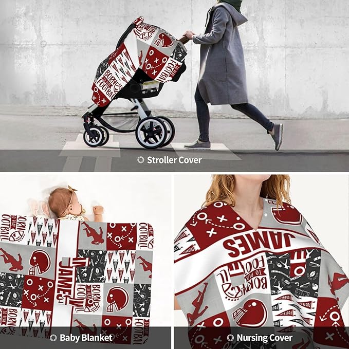 Personalized Baby Car Seat Canopy for Babies with Name, Custom Car Seat Covers for Boys Girls, Football Red Nursing Breastfeeding Stroller Cover Infant Carseat Canopies for Newborn