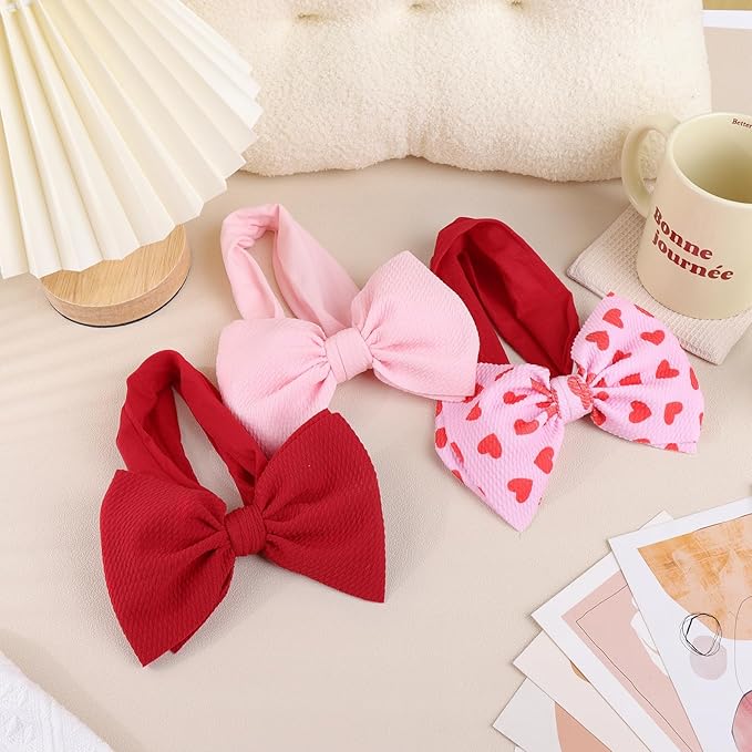 6'' Large Valentines Bow Baby Headbands Handmade Hairbands with Bows High Stretchy Soft Nylon Headbands Baby Hair Accessories for Infant Baby Girls Red Light Pink Heart