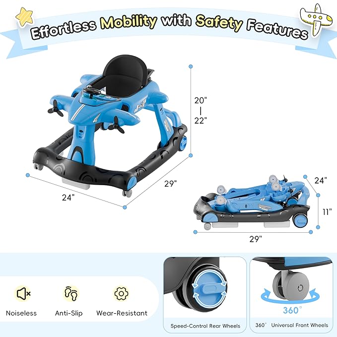 Xilingol 6-in-1 Baby Walker with Wheels, Adjustable Height & Speed Activity Walker with Padded Seat, Foldable Walker for Babies, Toddler Push Walkers for Boy & Girl 6-18 Months, Music & Light