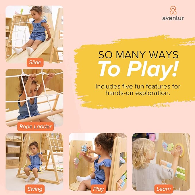 Avenlur Cherry 5-in-1 Wooden Indoor Climber – Montessori Toddler Play Gym with Slide, Rock Wall, Rope Ladder, Sensory Panel & Swing – Indoor Playground for Kids Ages 18 Months to 5 Years
