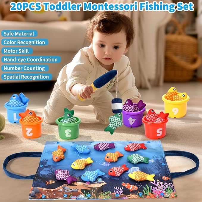 Montessori Toys for 1 Year Old - 20PCS Cloth Toddler Fishing Game with Stacking Cups,Baby Color Sorting Toy 12-18 Months One Year Old Birthday Gift,Best Easter Gifts for 1-3 Year Olds (Blue)