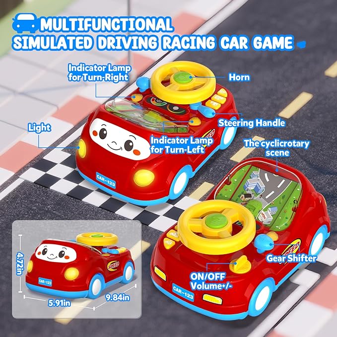 Toys for 1 Year Old Boy Gifts - 2-in-1 Toddler Push Car & Musical Racing Adventure Steering Wheel Driving Game, Interactive Simulated Driving Car for Baby 12-18 Months, Birthday Gift Ages 1-2,Dark Red