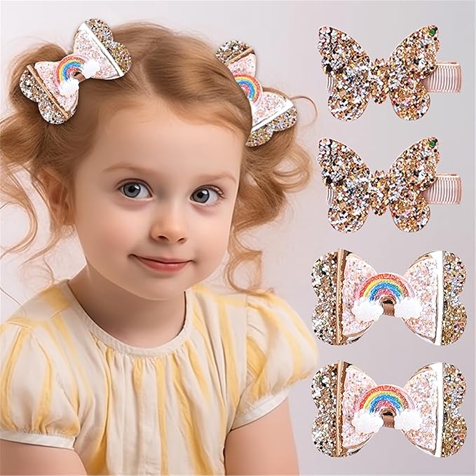 New Glitter Gold Bows Hair Clip For Girls, Baby Girl Toddler Clips, Hair Accessories.(FJ98) (4 Pcs Gold)