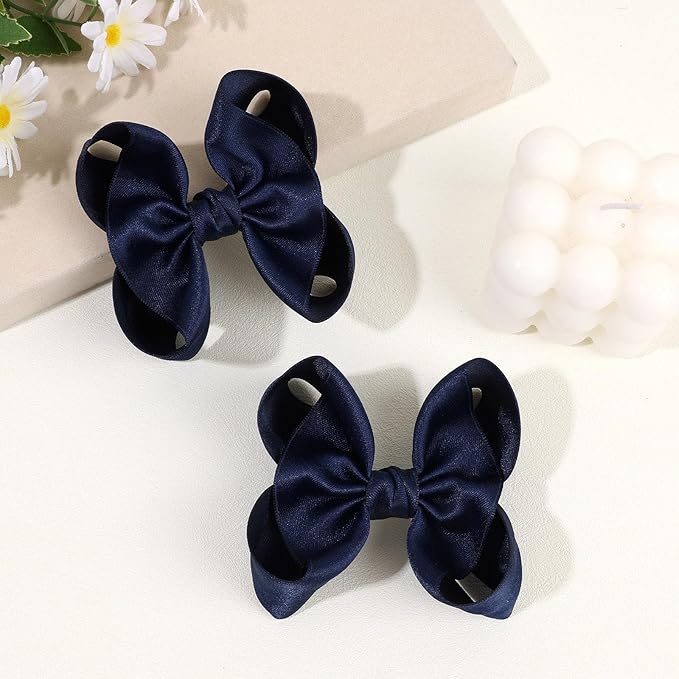 OAOLEER 2PCS 3.5inch Hair Bows for Girls，Navy Stain Ribbon Hair Bows Alligator Clips Hair Accessories for Back To School Teen Toddler Girls Kids (Navy)
