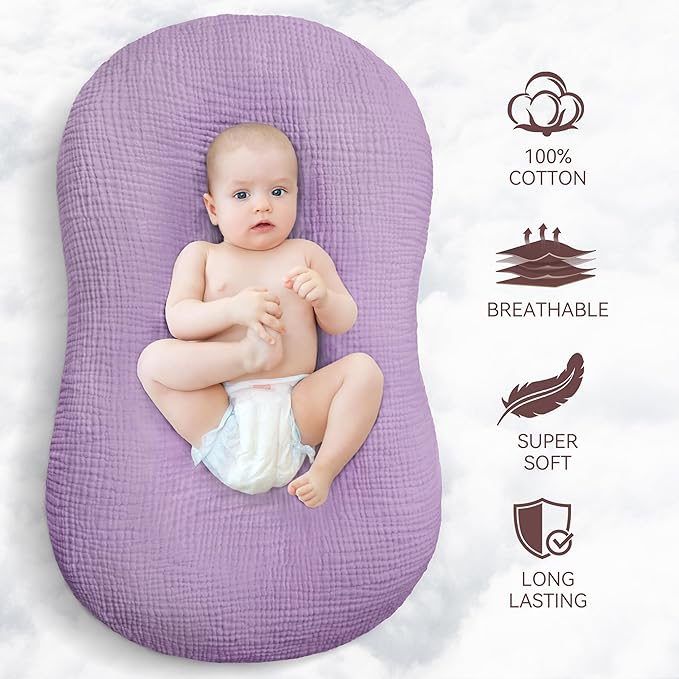 Muslin Baby Lounger Cover 1 Pack, Cotton Soft Breathable Infant Nest Slipcover, Envelope Closure, Compatible with Snuggle Me Loungers, Machine Washable, Cover Only, for Girls Boys (Purple)