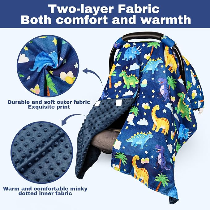 Hooyax Peekaboo Car Seat Cover for Baby Boy - Warm Minky Carseat Canopy with Adjustable Opening, Universal Fit for Infant Car Seats & Strollers, Soft Nursing Cover & Blanket (Dinosaur)