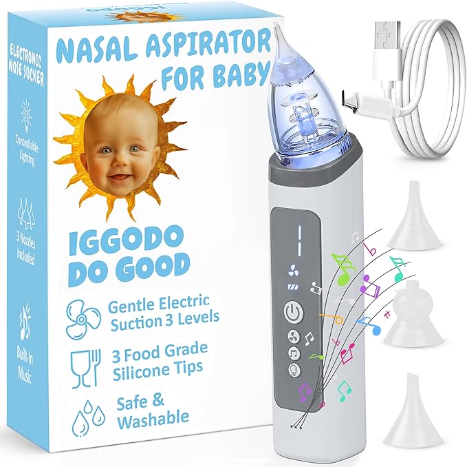 Electric Nasal Aspirator for Babies - HSA Baby Eligible Products - FSA Baby Eligible Items Only Gentle Electric Nose Suction for Baby - Adjustable Suction - Soft Silicone Tips - USB Rechargeable