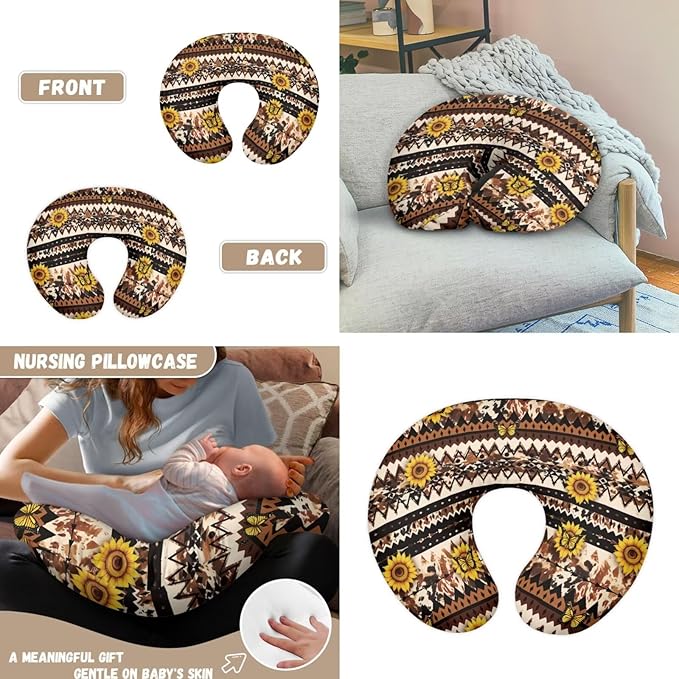 2 Piece Car Seat Covers with U-Shaped Pillowcase, Sunflower Aztec Print Multi-use Cover Carseat Canopy, Breathable Breastfeeding Cover for Babies, Boys & Girls Shower Gifts