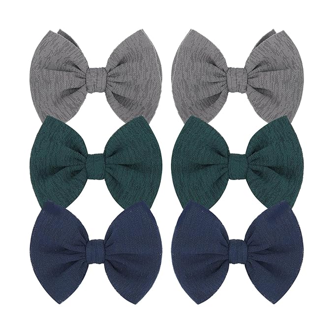 Baby Girls Hair 3'' Bows Clips Set Handmade Bow Hair Clips Hair Accessories Alligator Clip for Babies Infant Toddlers Little Kids 6 PCS Navy Blue Dark Green Gray