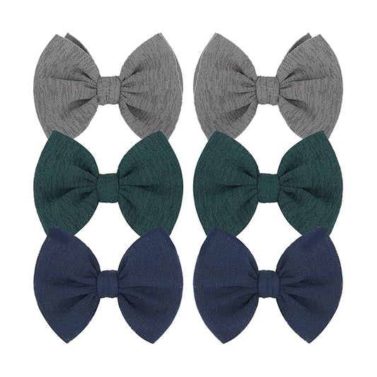 Baby Girls Hair 3'' Bows Clips Set Handmade Bow Hair Clips Hair Accessories Alligator Clip for Babies Infant Toddlers Little Kids 6 PCS Navy Blue Dark Green Gray