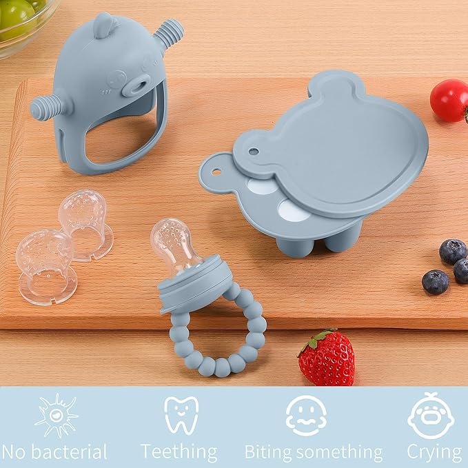 6-in-1 Baby Fruit Feeder Pacifier & Baby Food Feeder Set – Silicone Breastmilk Popsicle Mold with Freezer Tray, Teething Relief Toy, BPA Free Infant Feeder, 3 Sizes (S/M/L) Sacs (Sky Blue)