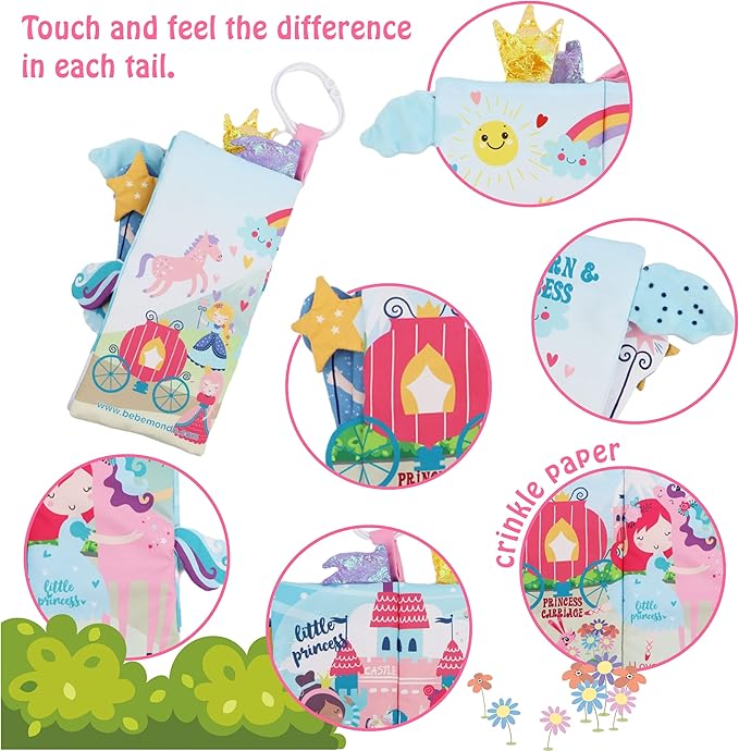 bebe mondo Unicorn Baby Books 0-6 Months Toys 6 to 12 Months, Touch Feel Cloth Crinkle Books for Babies,Infants, Soft Sensory Stroller Toys, Easter Baby Gifts Shower Items, Chweing Book (Princess)