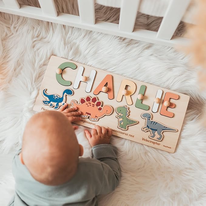 Name Puzzle with Dinosaurs Name Puzzle for 1 Year Old Busy Board Montessori Toys Baby Shower Baby Toy Personalized Gifts for Baby Handmade Puzzles
