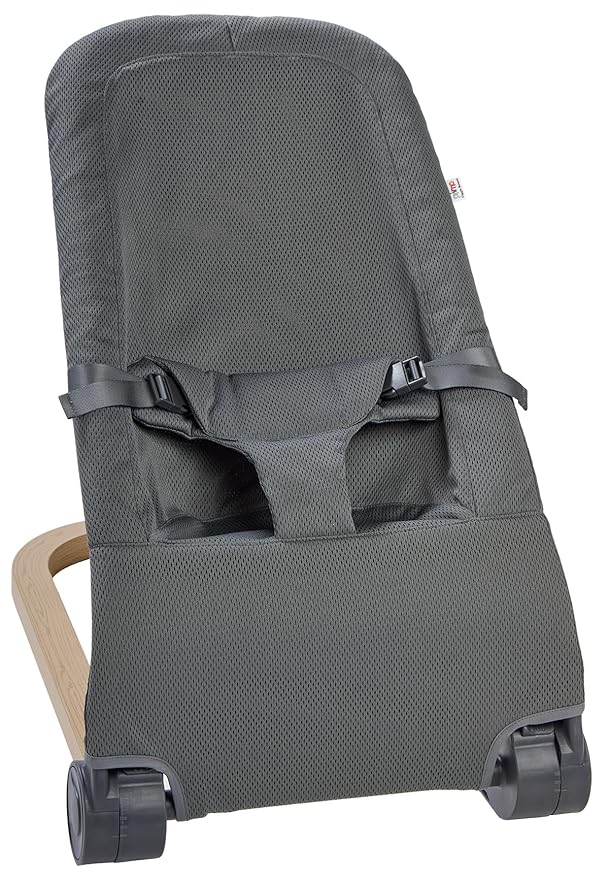 Giggle Bounce Deluxe Folding Baby Bouncer Seat and Lounger (Slate Grey) Wood Grain Base, Adjustable Recline, Portable Folding Design - Ideal Baby Rocker, Swing, Lounger & New Born Baby Gift 0-6 Months
