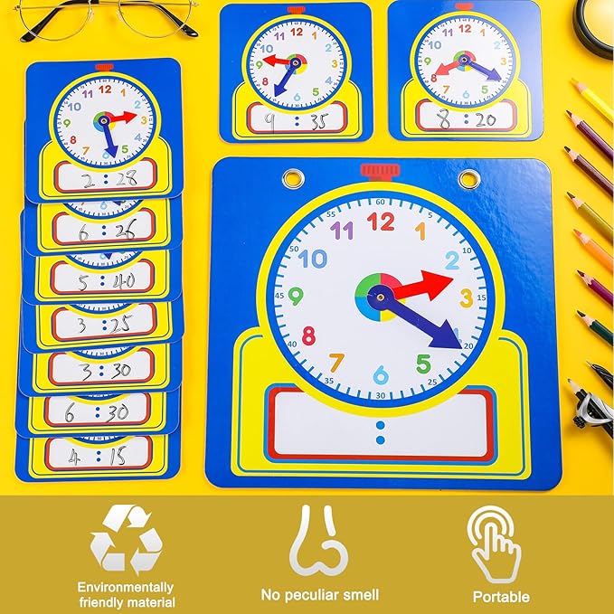 Junkin 25 Pcs Teaching Clock Kit, Learning Clocks for Kids Learning Time with Erasable Surface for Home School Classroom Supplies(Cute Style)