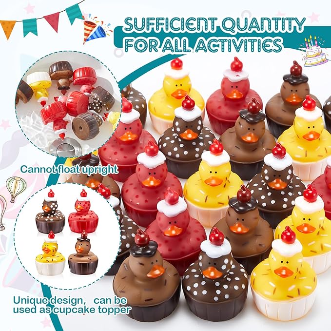 Deekin 24 Pcs Rubber Ducks 2" 4 Style Cute Ducks Bulk Small Assortment Duckies Pool Party Favors Decoration (Cupcake)