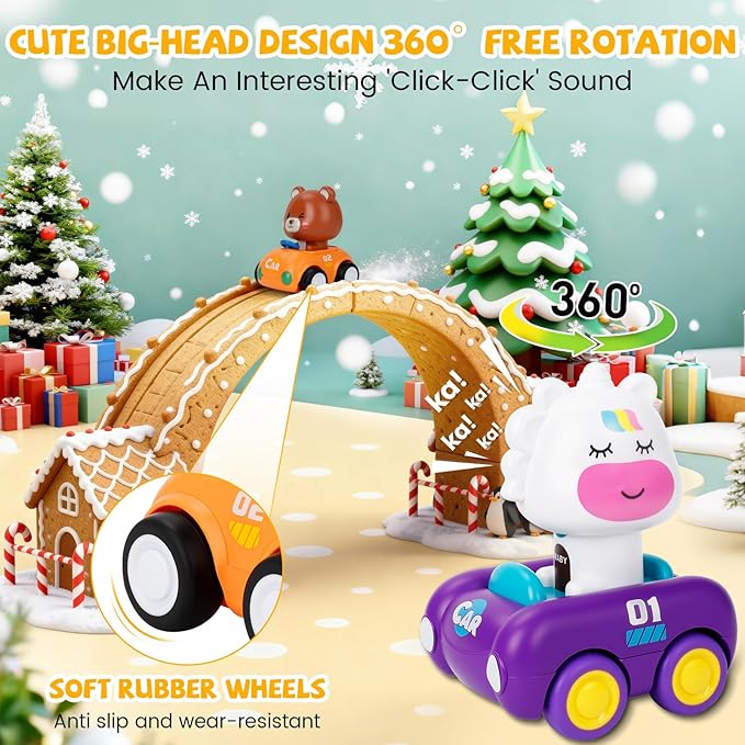 Press and Go Car Toys for Toddlers 1-3, 4 Pack Friction Powered Baby Push Cars, Infant Play Vehicle Set for 6-9-12-18 Months, 1st Birthday Gifts for 1-2 Year Old Boys Girls