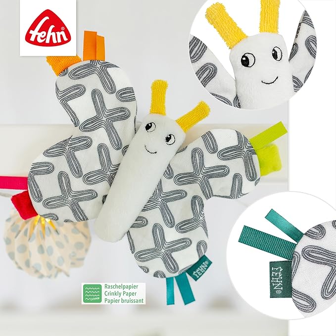 Fehn Crackling Butterfly - Activity Container for Grabbing, Listening, Playing and Making Sounds - Promotes baby's senses and motor skills - Ideal companion for babies and toddlers from onwards