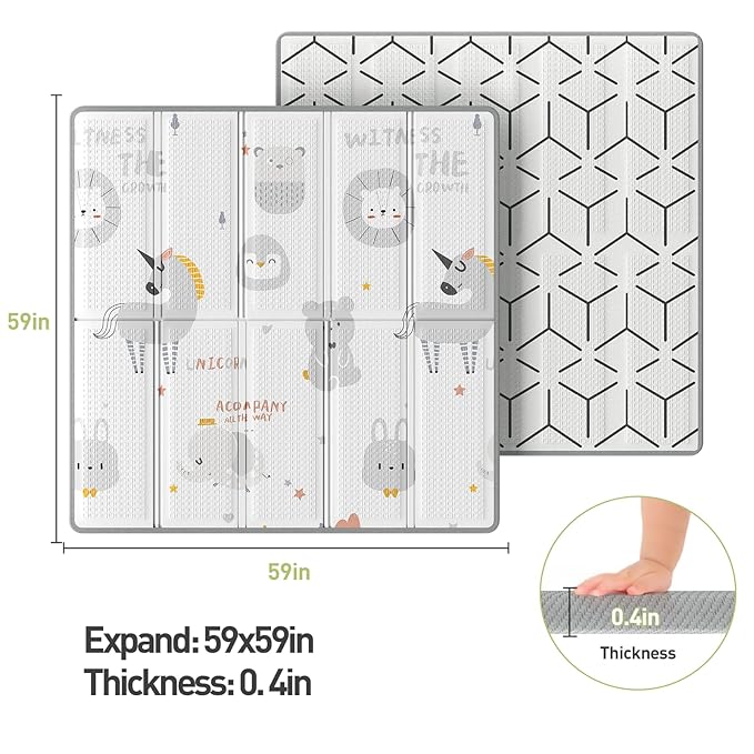 ZEEBABA Unicorns Play Mat, 59"x59" Foldable & Reversable Large Play Mat, 0.4" Thick Waterproof Foam Mat, Baby Activity Tummy Time Mat, Foam Play Mat for Babies and Toddlers
