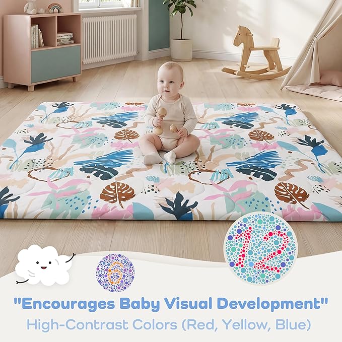 1.5" Thicker Baby Play Mat for Floor, 59x71 Removable & Machine Washable Cover Playpen Mat Softness Foam Mats, Easy-Clean Hygienic, Comfort Safety Kids Crawling (Tummy Time Leaves)