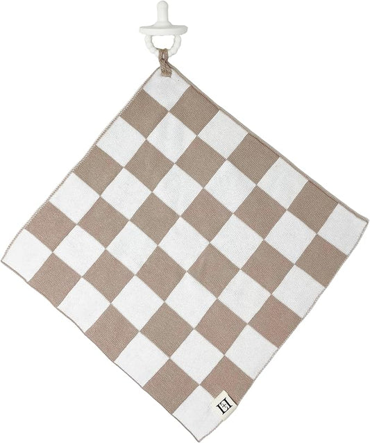 L+L USA Checkered Baby Lovey 100% Organic Cotton Knit Pacifier/Teether Holder 11"x11" - DreamSoft Cuddly Soothie Mini Comfort Blanket - Newborn Gift Essential Babies Boys Girls (Tan/White)
