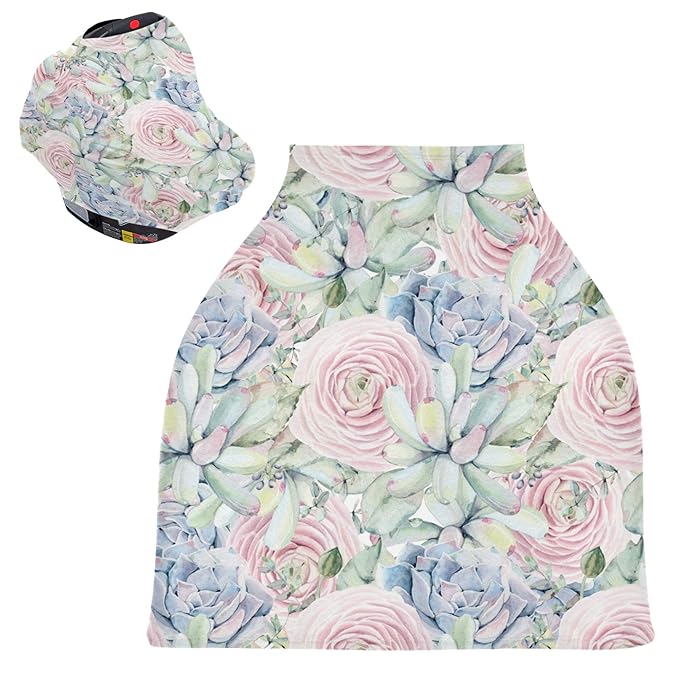 Watercolor Succulents Rose Pattern Pastel Pink Succulent Plant Stretchy Baby Car Seat Cover Infant Canopy Nursing Covers Breastfeeding Cover Breathable Windproof Winter Scarf for Boys Girls