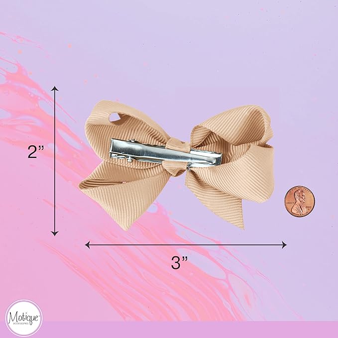 3 Inch Grosgrain Bow for Little Girls- Set of 2 (Tan)