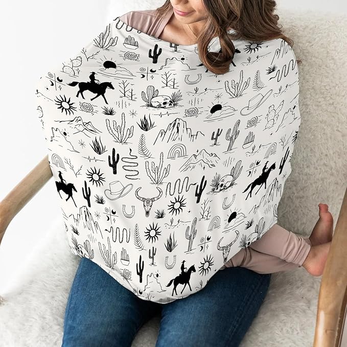 Western Cowboy Car Seat Cover for Babies Wild West Cactus Mountain Snake Cattle Skull Sun Stretchy 5-in-1 Covers Adjustable Car Canopy Breastfeeding Cover Desert Adventure Breathable Nursing Cover-Up