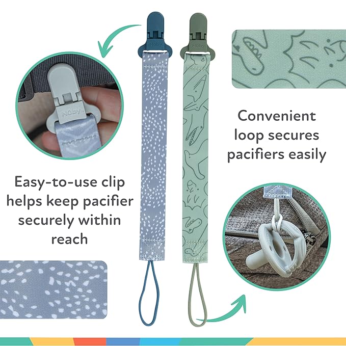 Nuby Pacifinder Baby Pacifier Clip Pacifier Holder Clip with Convenient Hook Loop - Blue Dots and Green Dino 2 Count (Pack of 12)