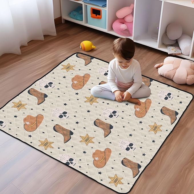 Baby Play Mat Cowboy Western Skull Hat Boots 50 x 50 Playpen Mat Baby Play Mats for Floor Play Gym Crawling Mat Non-Slip Cushioned Baby Playmat for Infants, Babies, Toddlers