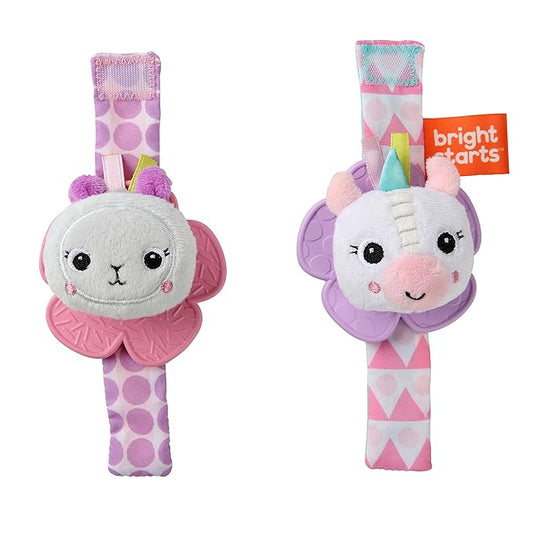 Bright Starts Rattle & Teethe Wrist Pals Toy,Unicorn & Llama,Newborn+,2 Count (Pack of 6)