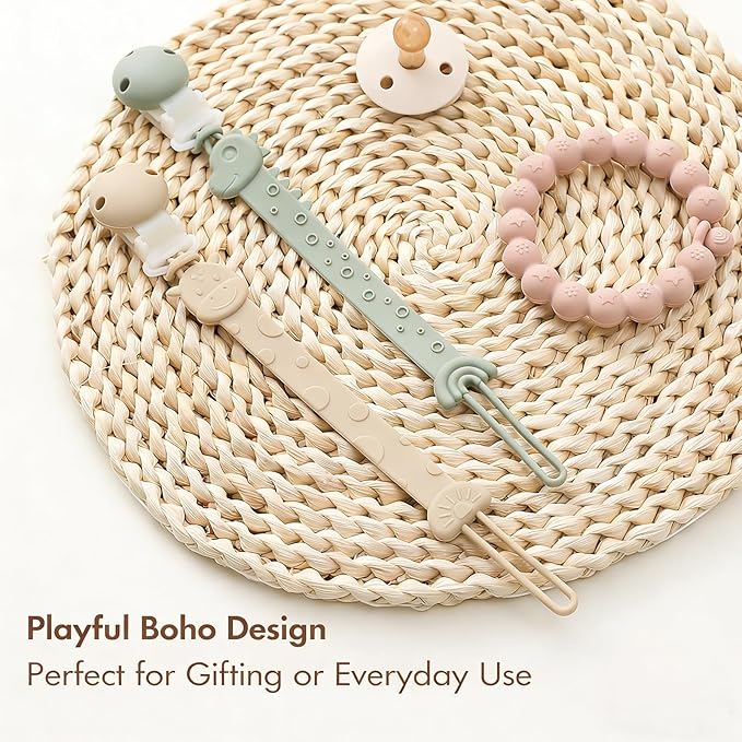 Pacifier Clips for Baby Boys Girls, One-Piece Silicone Pacifier Holder Strap 4 Pack, Binky Paci Clips Animal Rainbow Design, Lightweight Break-Resistant, Dishwasher Safe-Ivory+Baby Blue