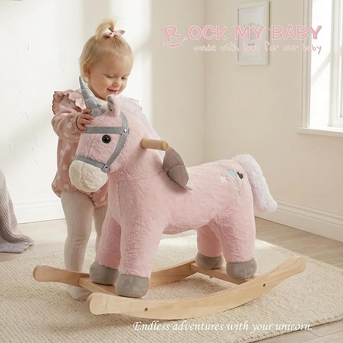 Rock My Baby Rocking Horse, Pink Unicorn/Pony Animal Rocker with Realistic Sound Plush Stuffed Rocking Horses for Toddlers 18M+, CPC Certified