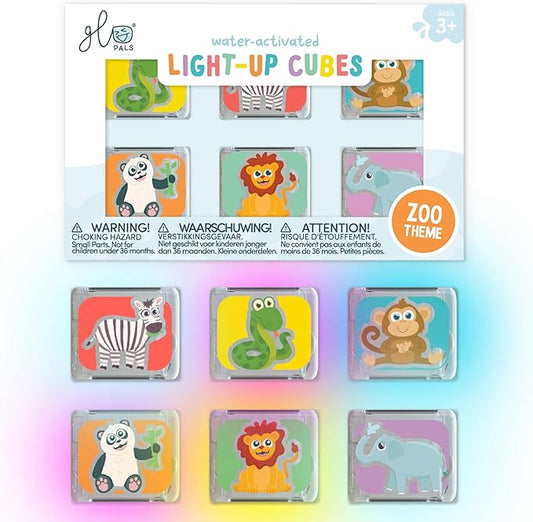 Glo Pals Water-Activated Light-Up Cubes for Bathtime and Sensory Play - Includes 6 Reusable Light-Up Cubes - Sensory Toys and Glowing Bath Cube for Kids and Toddlers - Zoo