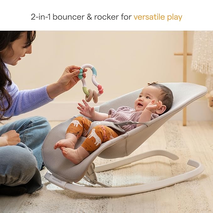 Munchkin Spring Baby Bouncer and Rocker Seat, Lightweight 2-in-1 Design, Travel Essential for Newborn, 3 Recline Positions, Grey